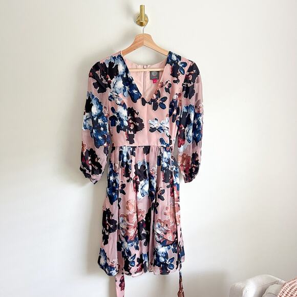 Vince Camuto Floral Belted V-Neck Long Sleeve Mini Dress Pink 2 - Picture 1 of 7